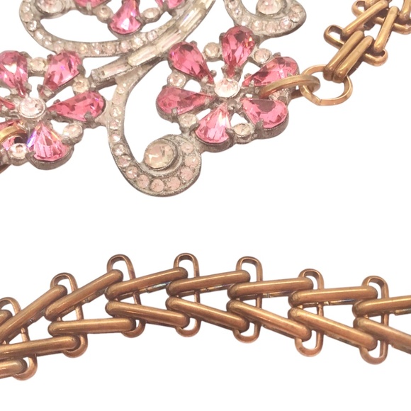 Vintage Pink Rhinestone Flower Necklace, Art Deco Floral Statement Jewelry - Picture 8 of 16